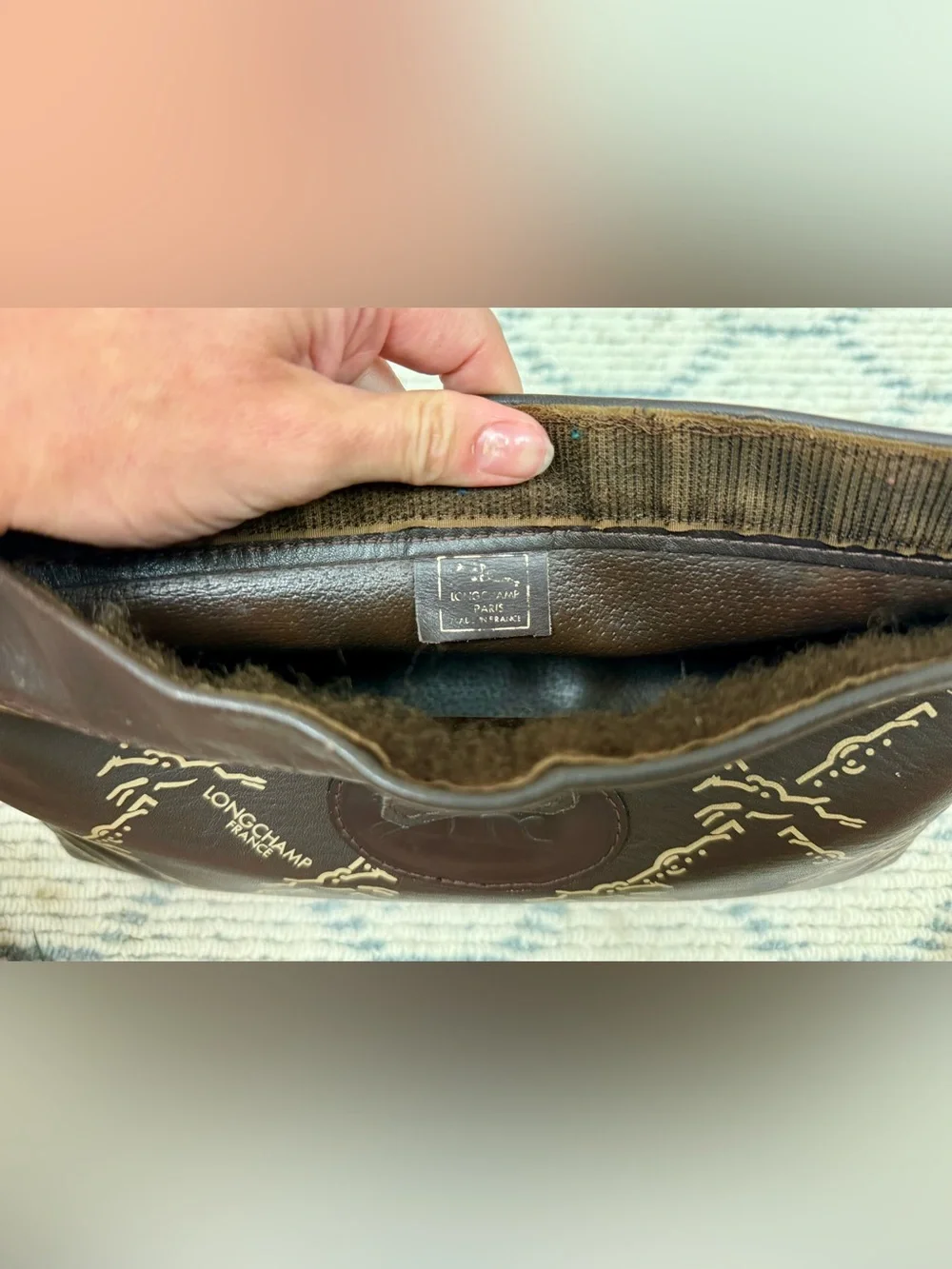 LONGCHAMP Vintage 80’s Unisex Brown Leather Monogram Pouch Clutch Made N France